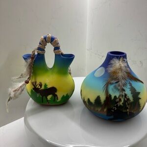 Hand-Painted Southwest Pottery Vase Lot – Wedding Vase & Round Vase w Feathers